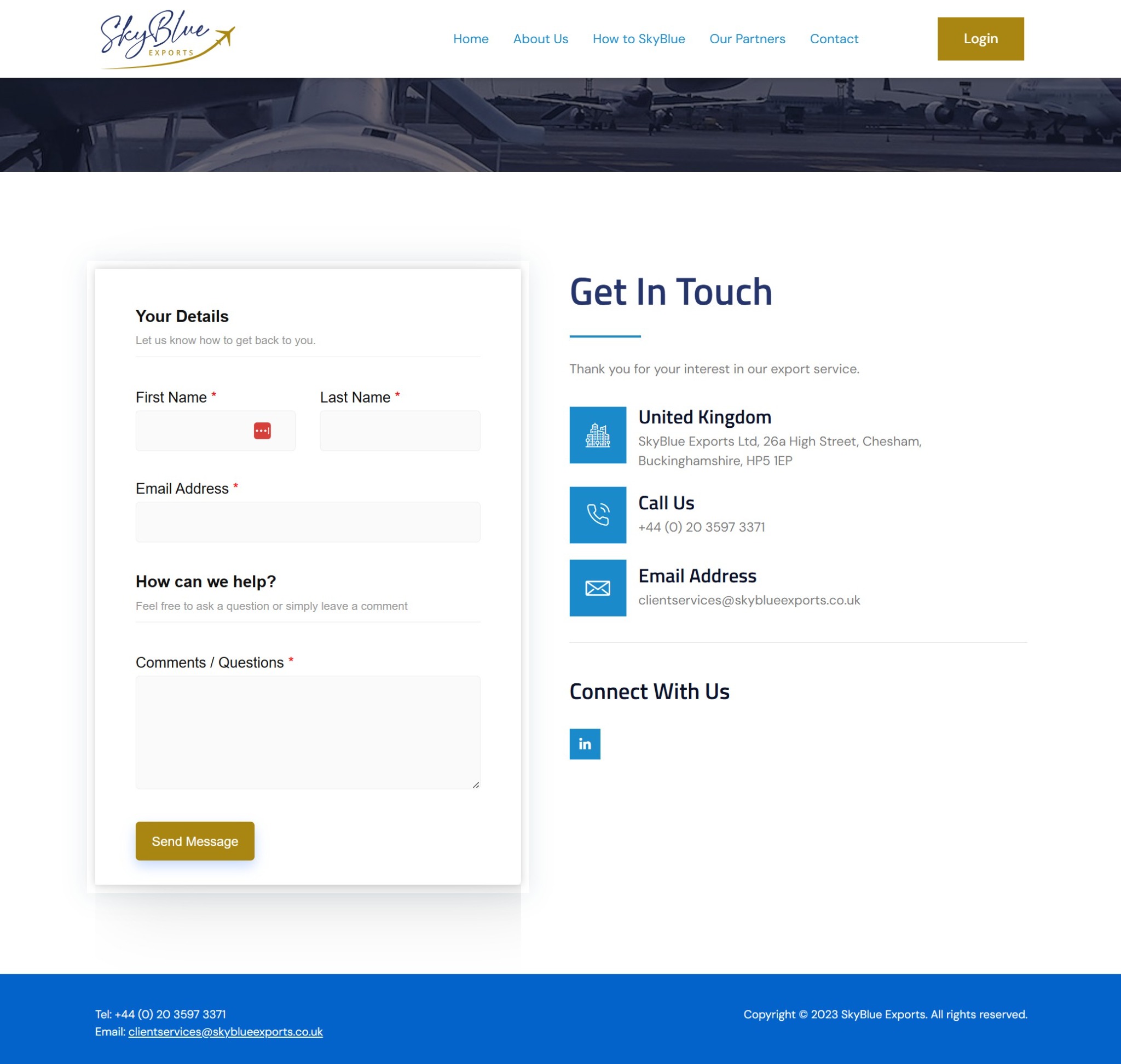 SkyBlue Exports contact page screenshot